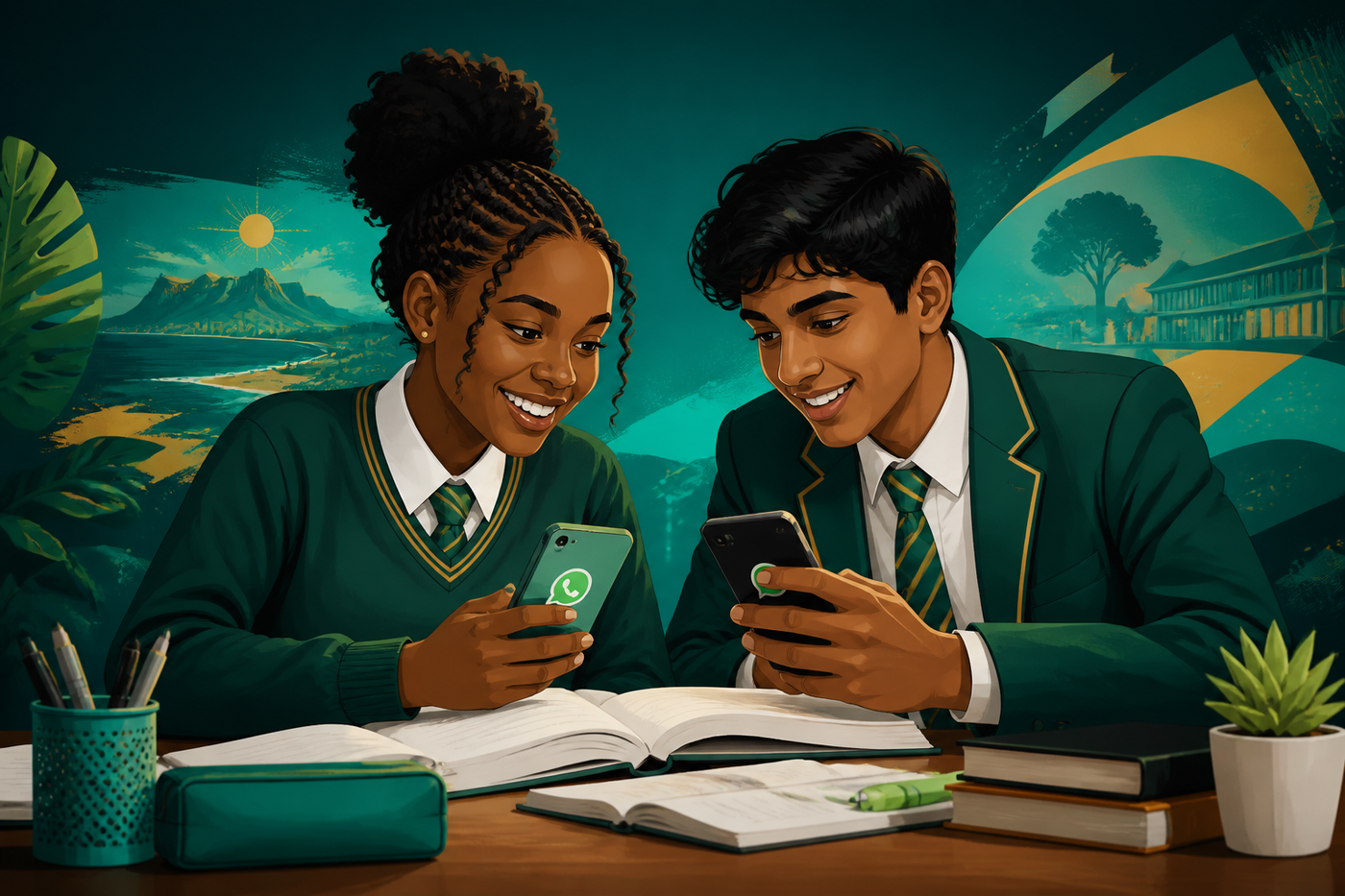 Diverse South African learners studying together with smartphones — Gamma AI WhatsApp study buddy