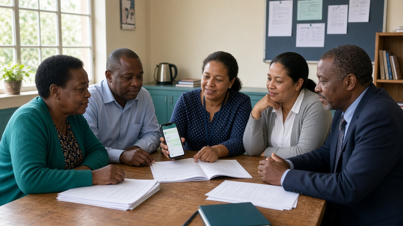 South African educators and a district official reviewing printable teaching packs and WhatsApp support together